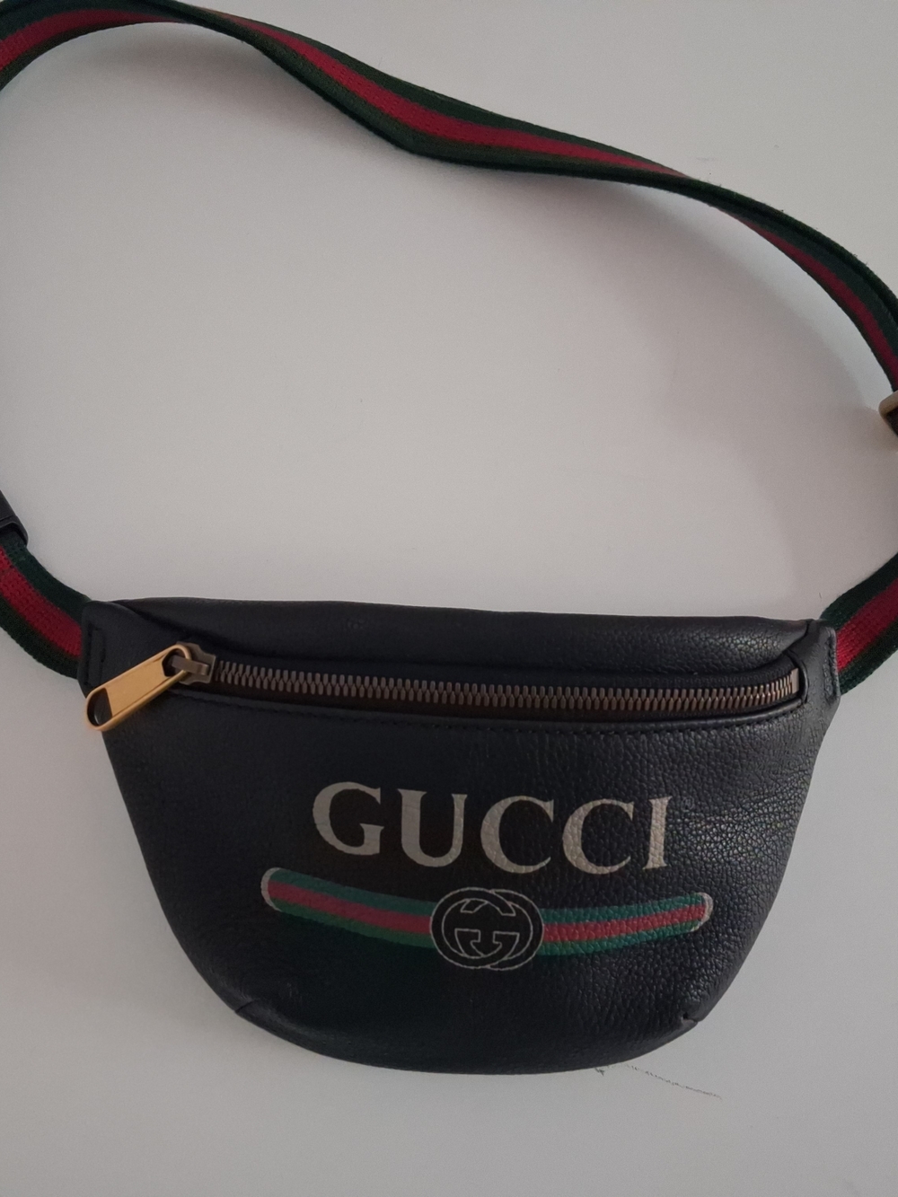 Gucci Black Leather Belt Bag with Green-Red Stripe